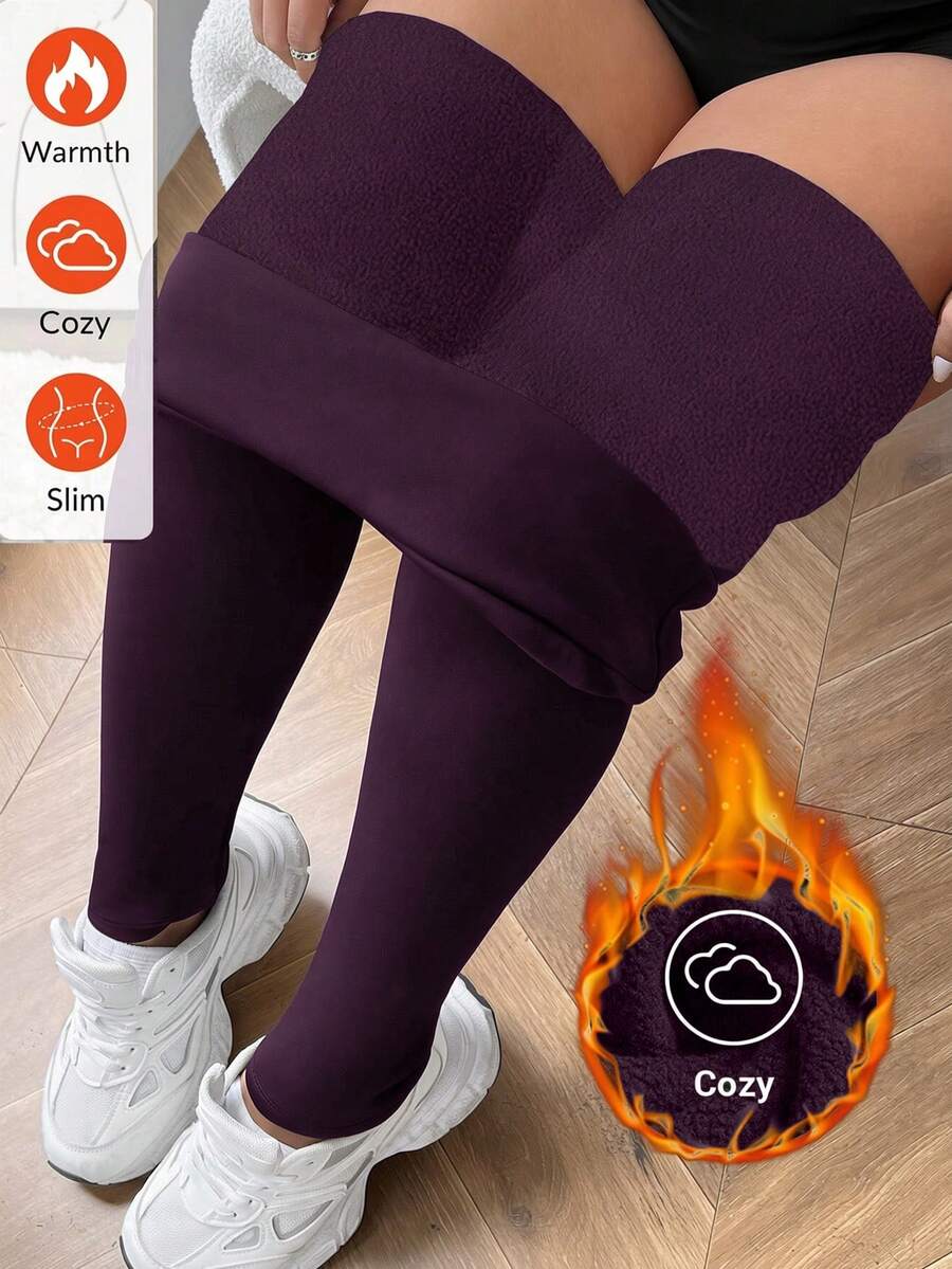 SHEIN EZwear 冬季加大码加厚保暖内衬灰粉色打底裤 - 乾枯玫瑰色 - 查看 1