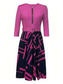 SHEIN Clasi Đầm midi cổ thuyền xẻ tà nửa thân dành cho nữ, thanh lịch và thời trang - Màu Hồng Tươi - Xem 3