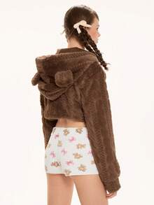 ROMWE Kawaii Cute Bear Ear Hooded Fuzzy Ball Short Jacket - Brown - View 3