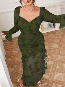 Modelyn 女士印花荷叶边开衩优雅性感连衣裙 - 軍綠色 - 查看 7