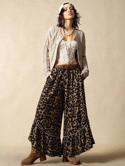 Bohemela BOHO Vacation Chiffon Leopard Print Loose Wide Leg Ruffle Hem Brown Leopard Pattern Women Boho Pants For Women Cheetah Print Women