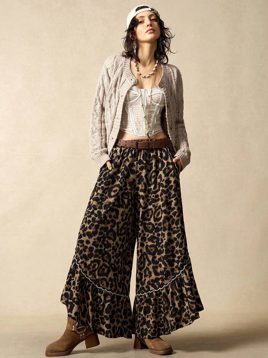 Bohemela Quần ống rộng dáng suông họa tiết da báo, chất liệu chiffon, màu nâu, kiểu dáng boho, chất liệu họa tiết da báo, dành cho nữ. - Màu nâu  Mocha - Xem 1