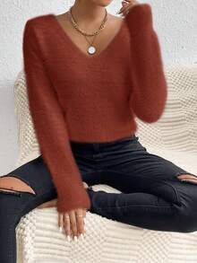 EMERY ROSE White V-Neck Casual Soft Knit Sweater, Long Sleeve Pullover Top, Autumn/Winter - Rust Brown - View 4
