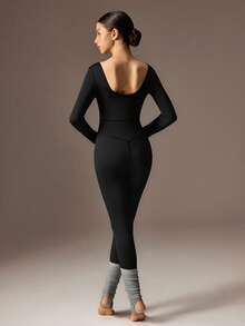 SHEIN Schlanksitz Ballettanzug für Teenager Mädchen, langärmlig, geeignet für Sport, Laufen, Radfahren, Fitness, modischer goldener Dekor schwarzer Jumpsuit mit hoher Dehnbarkeit und Komfort - Schwarz - Übersicht 2