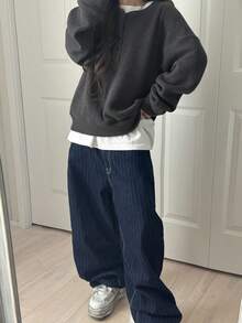 FRIFUL 女士纯色圆领纽扣前襟落肩长袖宽松休闲套头卫衣，秋冬款 - 淺灰色 - 查看 4