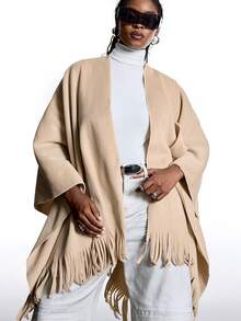 LYSMO Áo khoác Poncho quấn tua rua dáng rộng cho nữ cỡ lớn mùa thu/đông - Lạc đà - Xem 5