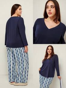 LUVLETTE Autumn And Winter Women Plus Purple Soft Cotton Basic Long T-Shirt & Patterned Pants Loungewear Pajama Set For Women Pants With Pockets Lingerie As Outerwear Lounge Sets Fall Pajamas - Blue - View 2