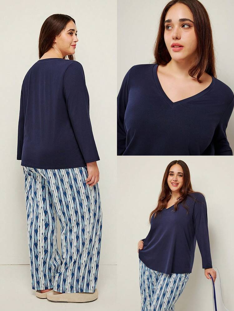 Damen Plus Lila Weiche Baumwolle Basis Lange T-Shirt & Gemusterte Hose Loungewear Pyjama Set für Damen Hose mit Taschen Lingerie als Oberbekleidung Lounge Sets Baumwolle Pyjamas