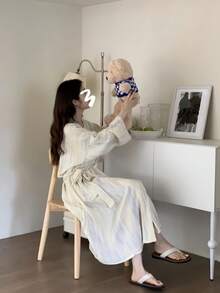 1件女士睡袍 - 简约欧式长袖睡衣家居服，轻薄面料，纯色，春秋夏季居家浴袍，尺码齐全，从小码到大码均有，适合婚礼、派对、水疗浴室装饰等场合。 - 條紋幾何 - 查看 3