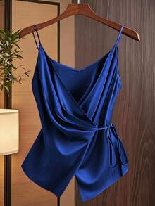 GlowEve Women's Fashion Casual V-Neck Pleated Wrap-Around Bowknot Tie Waist A-Line Camisole - Royal Blue - View 1