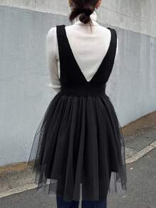 FRIFUL 女士深V领网纱拼接荷叶边下摆无袖针织上衣，秋冬款 - 黑色 - 查看 6