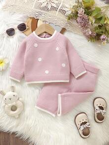 两件套女婴/幼儿粉色毛衣套装，圆领长袖刺绣上衣+休闲直筒裤，时尚简约风 - 粉色 - 查看 5