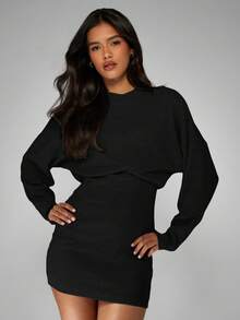 MISSGUIDED Long Sleeve Ribbed Knit Mini Dress With Crew Neck For Fall Winter Casual Everyday - Black - View 5