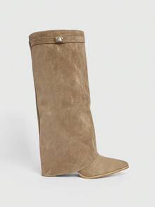 Daringsoles Women's Pointed Toe Chunky Heel Suede Western Boots, Slim Fit Tall Boots For Christmas - Apricot - View 8