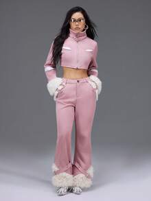 Almamuse 女款純色口袋與鈕扣裝飾優雅長褲，適合度假派對，秋冬粉色冬季款 - 粉色 - 查看 4