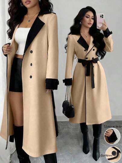 Elenzga Women's Contrast Collar Double-Breasted Cinched Waist Elegant Casual Commute Fashion French Style Versatile Holiday Business Trench Coat, Cream White & Apricot, Long Sleeve, Autumn/Winter