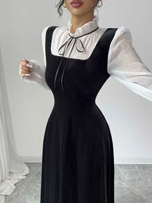 Rafferiza 女士优雅丝绒长裙，尽显精致高端气质，秋冬款 - 黑色 - 查看 4