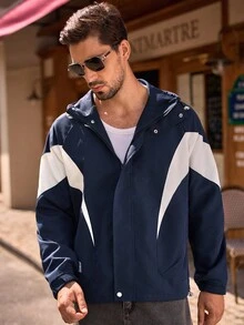 HIMLAND Men's Casual Color Block Patchwork Hooded Jacket - Blue - View 6