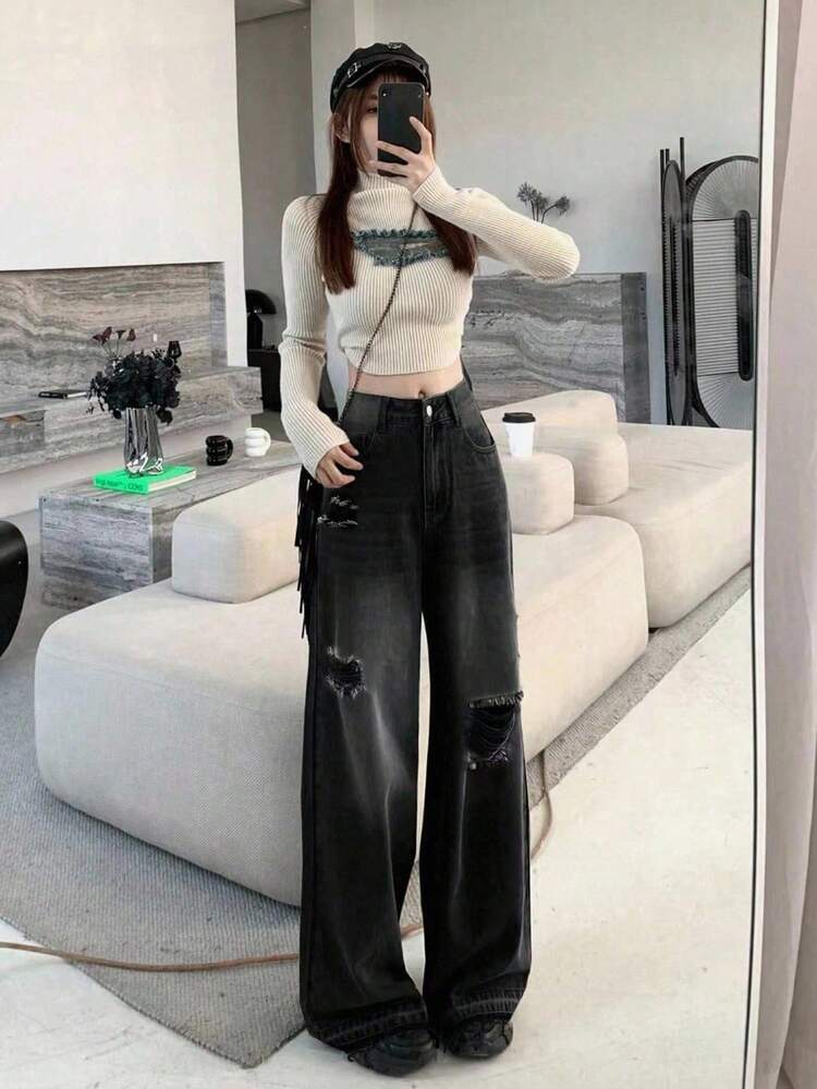 Women's Button Front Pocket Distressed Wide Leg Jeans, Casual Everyday