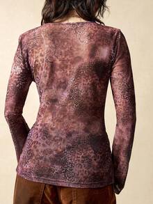 Bohemela 女士休闲针织长袖V领上衣，花卉豹纹网纱印花，纽扣前襟豹纹印花冬季女装上衣假日 - 彩色 - 查看 7