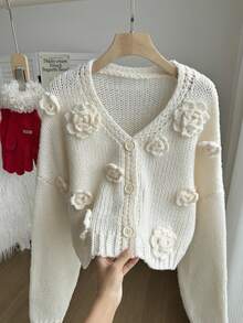 Comfortcana 大码休闲圣诞手工花卉V领落肩长袖纽扣针织开衫 - 米色 - 查看 4