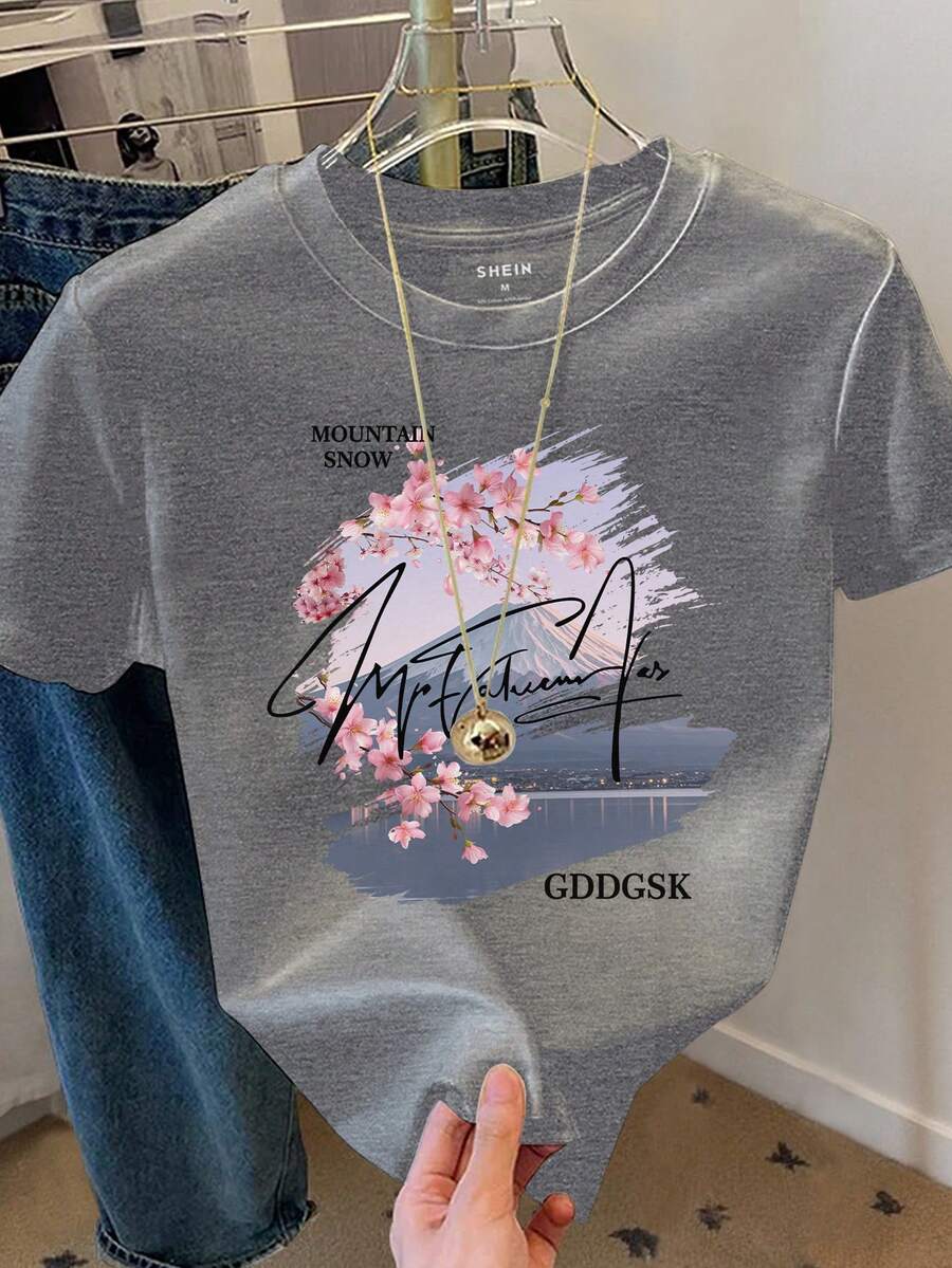 Franclia Women's Casual Cherry Blossom Print Short Sleeve Round Neck T-Shirt, Summer - Grey - View 1
