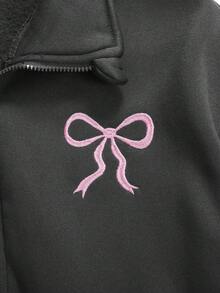 SHEIN Conjunto de 2 piezas de sudadera con cuello alto con cremallera, bordado de lazo y pantalones rectos con forro térmico para niñas preadolescentes, estilo de moda callejera casual, otoño/invierno - Gris Oscuro - Ver 2