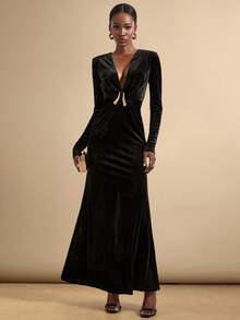 Vesra Deep V-Neck Straight Shoulder Long Sleeve Fishtail Dress, Luxurious High-End Evening Gown With Metal Buckle Decor For Women - Multicolor - View 7