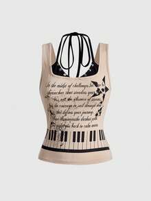 ROMWE Grunge Punk Y2K 坏女孩朋克钢琴音符元素印花女士吊带背心 - 卡其色 - 查看 1