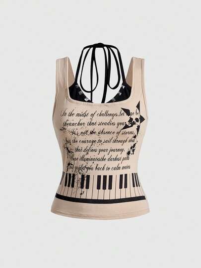 Grunge Punk Camiseta de tirantes con estampado de notas de piano, estilo Y2K Baddie Punk para mujer