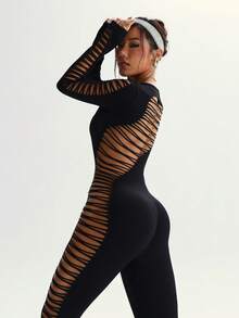 Slayform 女士时尚性感纯色镂空紧身健身连体裤 - 黑色 - 查看 5