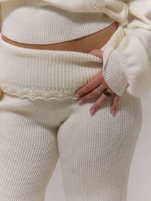 MUSERA Fold Over Crochet Trim Knit Wide Leg Trousers , Autum, Winter, Cosy, , Everyday Sweater Pants Spring Spring - Apricot - View 5