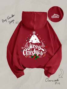 SHEIN Leap Crew 少女休闲复古圣诞树印花长袖连帽加厚卫衣，适合秋冬季、居家、圣诞派对穿着 - 酒紅色 - 查看 1