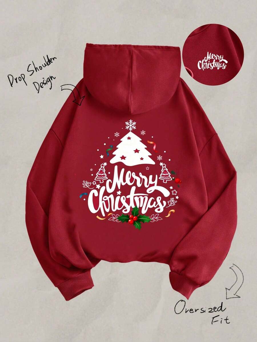 SHEIN Leap Crew 少女休闲复古圣诞树印花长袖连帽加厚卫衣,适合秋冬季、居家、圣诞派对穿着 - 酒紅色 - 查看 1