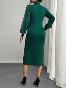 SHEIN Clasi 女士优雅圆领网纱拼接泡泡装饰长袖连衣裙长裙套装 - 墨綠色 - 查看 4