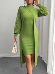 SHEIN Clasi 女士优雅圆领网纱拼接泡泡装饰长袖连衣裙长裙套装 - 橄欖綠 - 查看 9