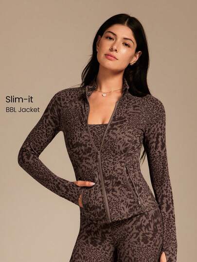 GLOWMODE FeatherFit™ Leopard Slim-It Streamline Performance Secure Pockets Zip Up Long Sleeve Jacket Low Impact Yoga Daily Fall