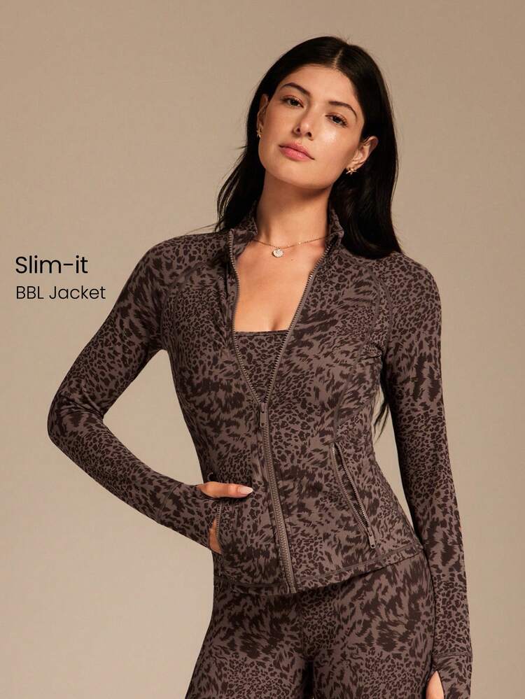 FeatherFit™ Leopard Slim-It Streamline Performance Secure Pockets Zip Up Long Sleeve Jacket Low Impact Yoga Pilates Daily Spring Summer