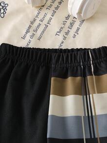 SHEIN Playful Pals 新生男宝宝复古条纹印花长袖圆领卫衣和运动裤套装 - 黑色 - 查看 7