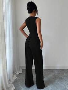 Elenzga 女士休闲日常通勤简约纯色无袖单排扣修身牛仔上衣和直筒牛仔裤套装 - 黑色 - 查看 2