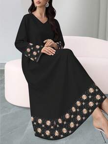 SHEIN Najma 女士刺绣花卉印花V领长袖优雅阿拉伯风格长款连衣裙，春秋季 - 彩色 - 查看 4