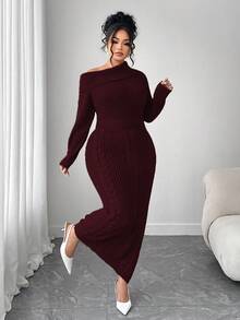 Elenzga 女士加大码宽松针织毛衣连衣裙，露肩设计，休闲外套，大码，秋冬款 - 酒紅色 - 查看 5