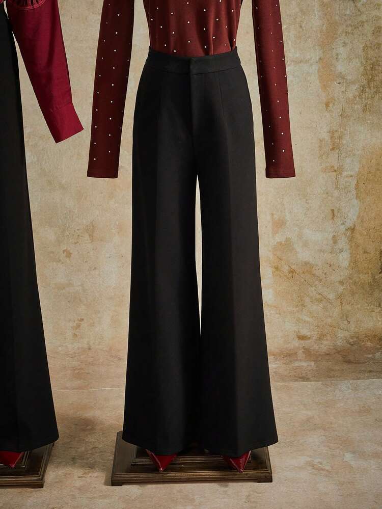 Elegante Mode Mitteltaille Strukturstoff Schwarze Tasche Gerade Bein Einfarbige Hose, Petite