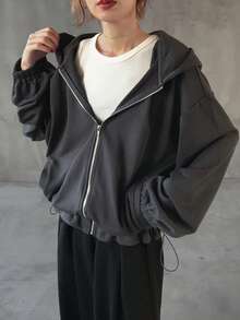 FRIFUL 女士连帽休闲外套，饰有层叠荷叶边和背部设计 - 灰色 - 查看 2