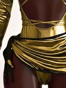 Mistrie 1 Set Damen Modischer Sexy Metallic Jumpsuit mit Cut-Outs und Minirock, Party-Outfit, Silvester-Outfit, Glitzer-Set Neujahrs-Outfit, Weihnachts-Party-Outfit, Valentinstags-Kleidung - Gold - Übersicht 4