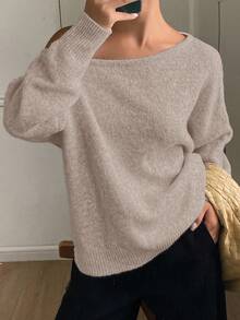 Livesso 秋冬新款宽松休闲不对称肩部设计女式毛衣 - 卡其色 - 查看 3