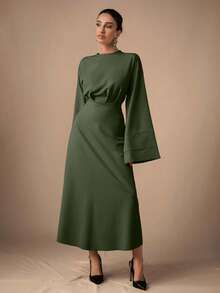 EURMUSE Elegant Commuter Solid Color Bell Sleeve Dress - Army Green - View 3