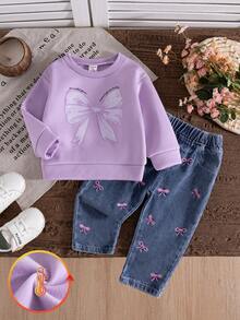 SHEIN Vintaside Kids 女婴秋冬白色圆领卫衣，粉色蝴蝶结印花牛仔裤，粉色蝴蝶结刺绣可爱套装 - 彩色 - 查看 1
