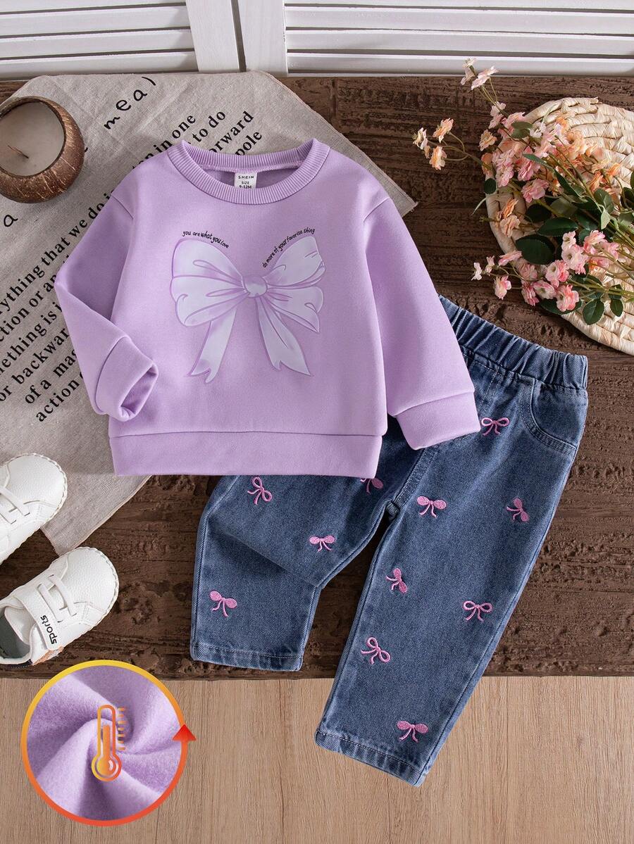 SHEIN Vintaside Kids 女婴秋冬白色圆领卫衣，粉色蝴蝶结印花牛仔裤，粉色蝴蝶结刺绣可爱套装 - 彩色 - 查看 1