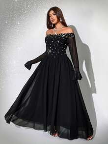 Viva Relle Plus Size Women's Elegant Black Autumn Formal Evening Beaded Off Shoulder Chiffon Patchwork Long Sleeve Flowing Maxi Dress For Prom Gown - Black - View 6